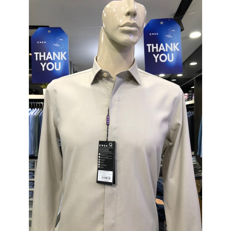 Áo sơ mi owen dài tay màu be dobby giấu khuy slim fit vải sợi tre AS230504D