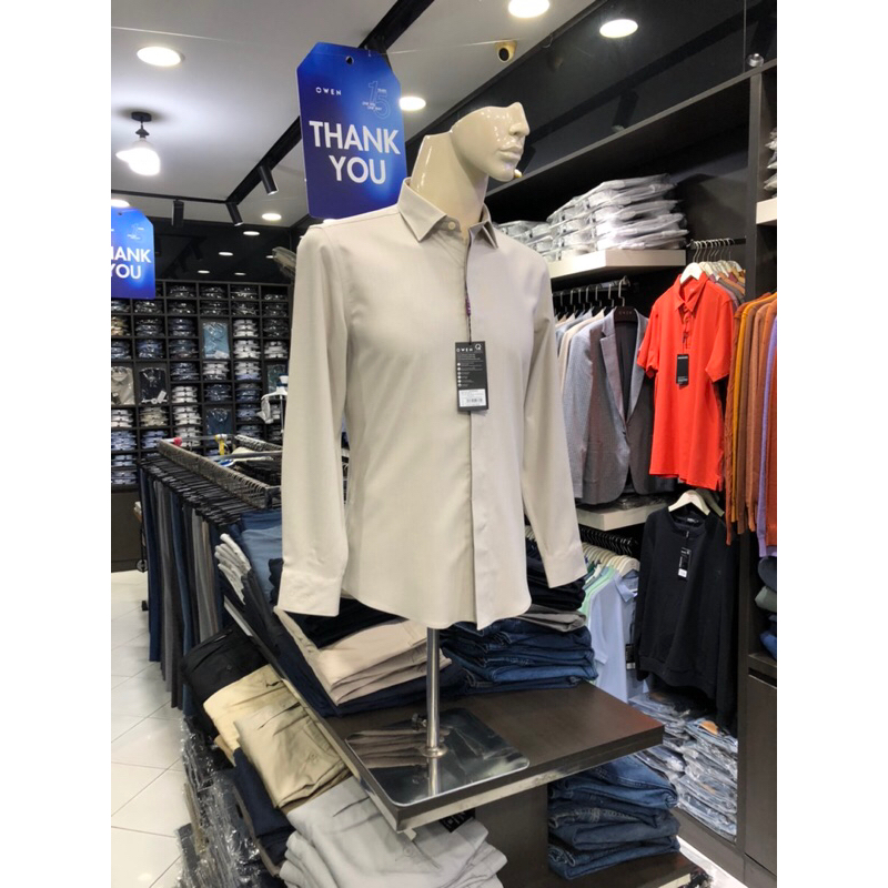 Áo sơ mi owen dài tay màu be dobby giấu khuy slim fit vải sợi tre AS230504D