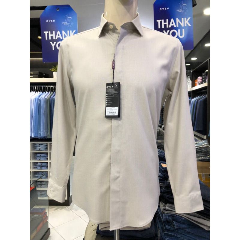 Áo sơ mi owen dài tay màu be dobby giấu khuy slim fit vải sợi tre AS230504D
