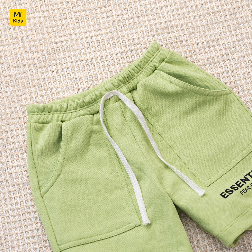 Quần đùi cotton da cá cho bé hoạ tiết chữ Essential, chất thun cotton mềm mịn mát cho bé mặc đi học đi chơi