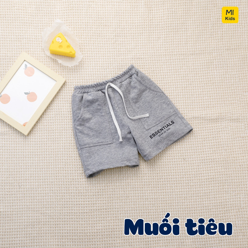 Quần đùi cotton da cá cho bé hoạ tiết chữ Essential, chất thun cotton mềm mịn mát cho bé mặc đi học đi chơi