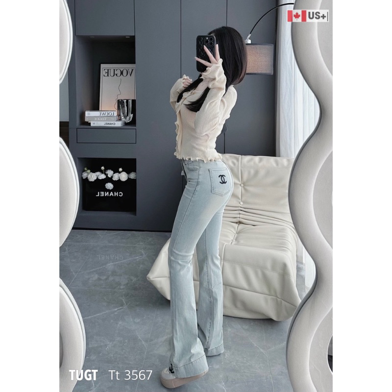 Quần jeans loe xanh bạc thêu nổi chất bò co dãn cạp cao dáng Hàn