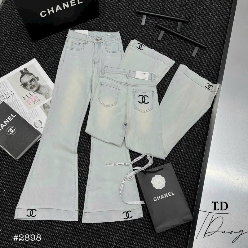 Quần jeans loe xanh bạc thêu nổi chất bò co dãn cạp cao dáng Hàn