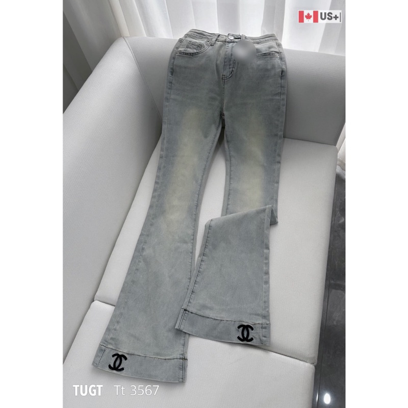 Quần jeans loe xanh bạc thêu nổi chất bò co dãn cạp cao dáng Hàn