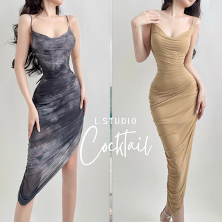 COCKTAIL - Đầm 2 dây thun Mesh ôm body vạt xéo nhúng siêu tôn dáng