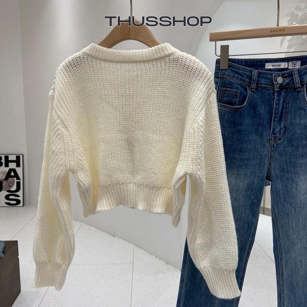 Áo Khoác Len CRT Trơn Dài Tay Khóa Kéo THUS, Áo Croptop Len Giãn BIGSIZE Hàng QC Cao Cấp THUS049