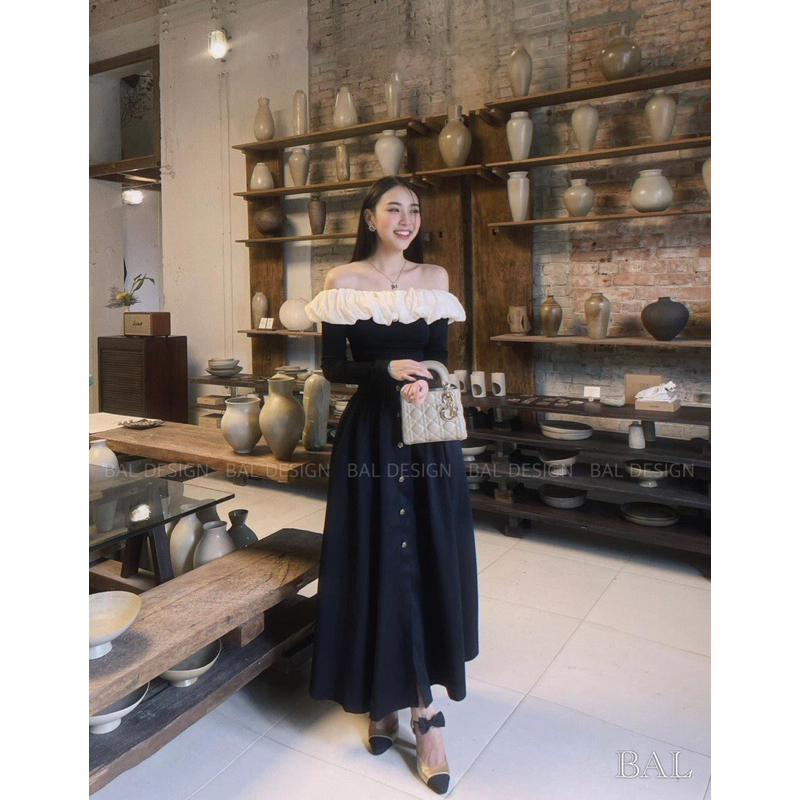 Set thiết kế áo thun phối tơ trễ vai, chân váy midi dài sang chảnh size SML