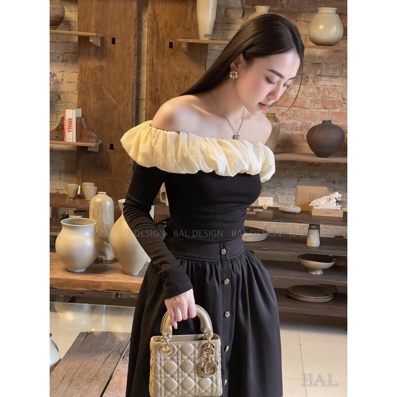 Set thiết kế áo thun phối tơ trễ vai, chân váy midi dài sang chảnh size SML