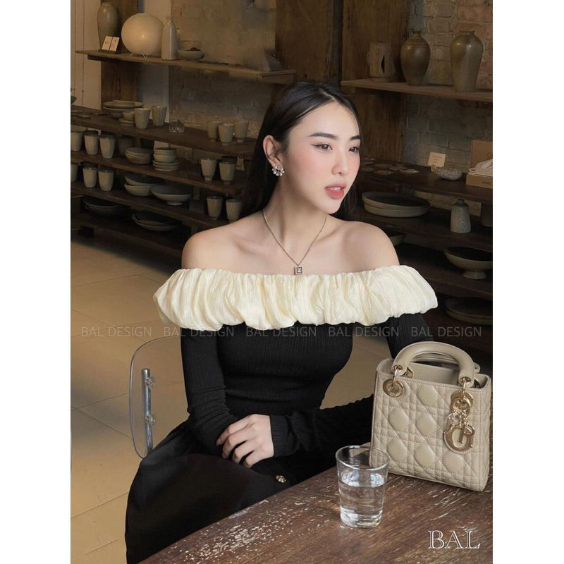 Set thiết kế áo thun phối tơ trễ vai, chân váy midi dài sang chảnh size SML