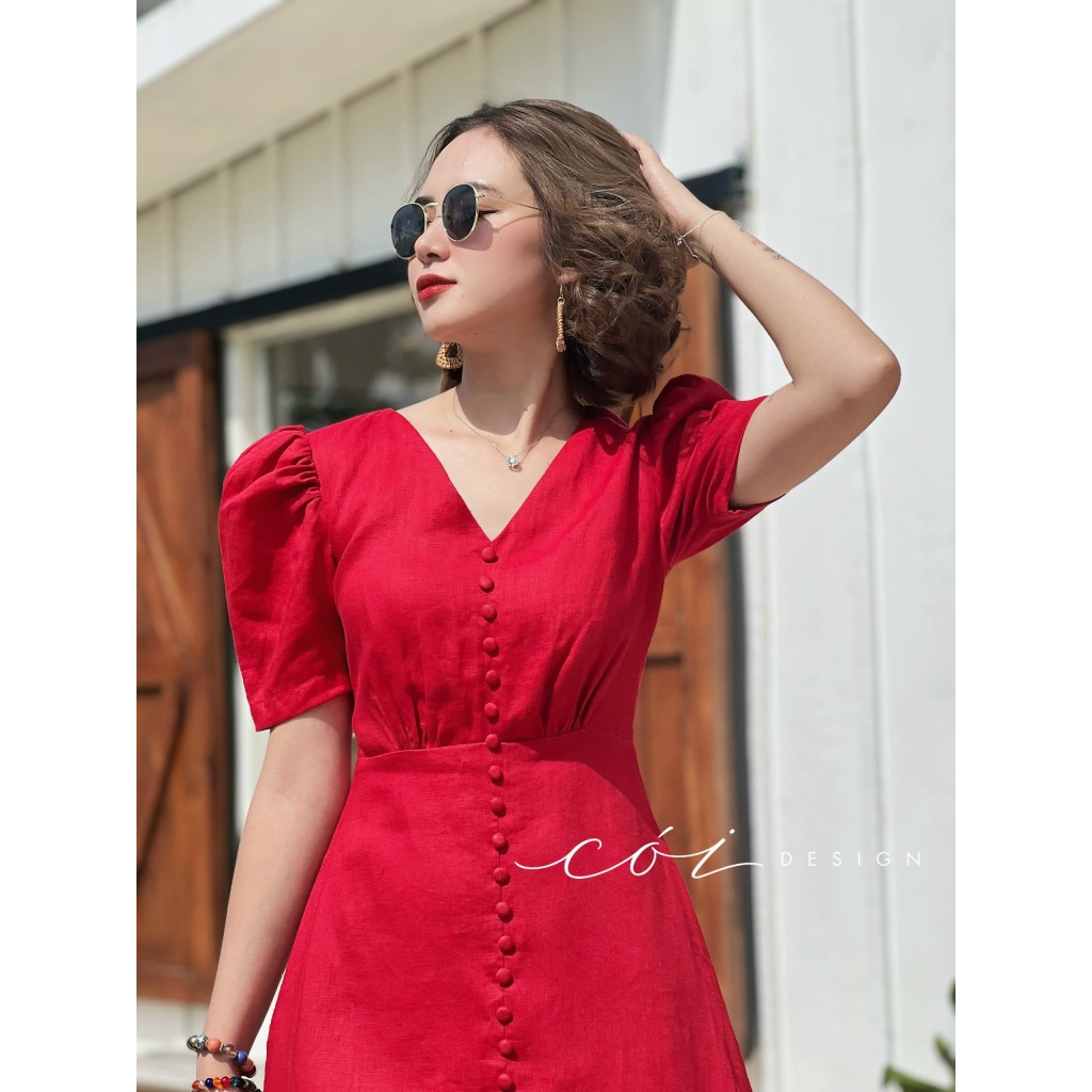 Đầm cổ tim nút bọc Cói Design