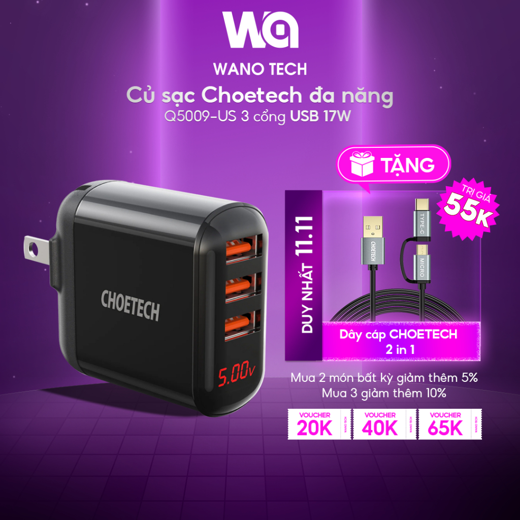 Củ Sạc nhanh đa năng Choetech Q5009-US 3 cổng USB 17W Bảo hành chính hãng 24 tháng