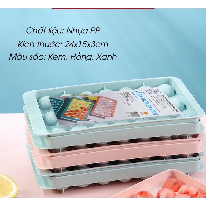 Khay làm đá, khuôn làm thạch hoa quả rau câu dạng bi tròn 33 viên có nắp đậy thông minh Việt Nhật chính hãng