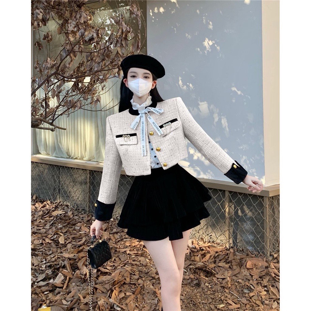 T3 - Áo dạ tweed phom croptop tay phối