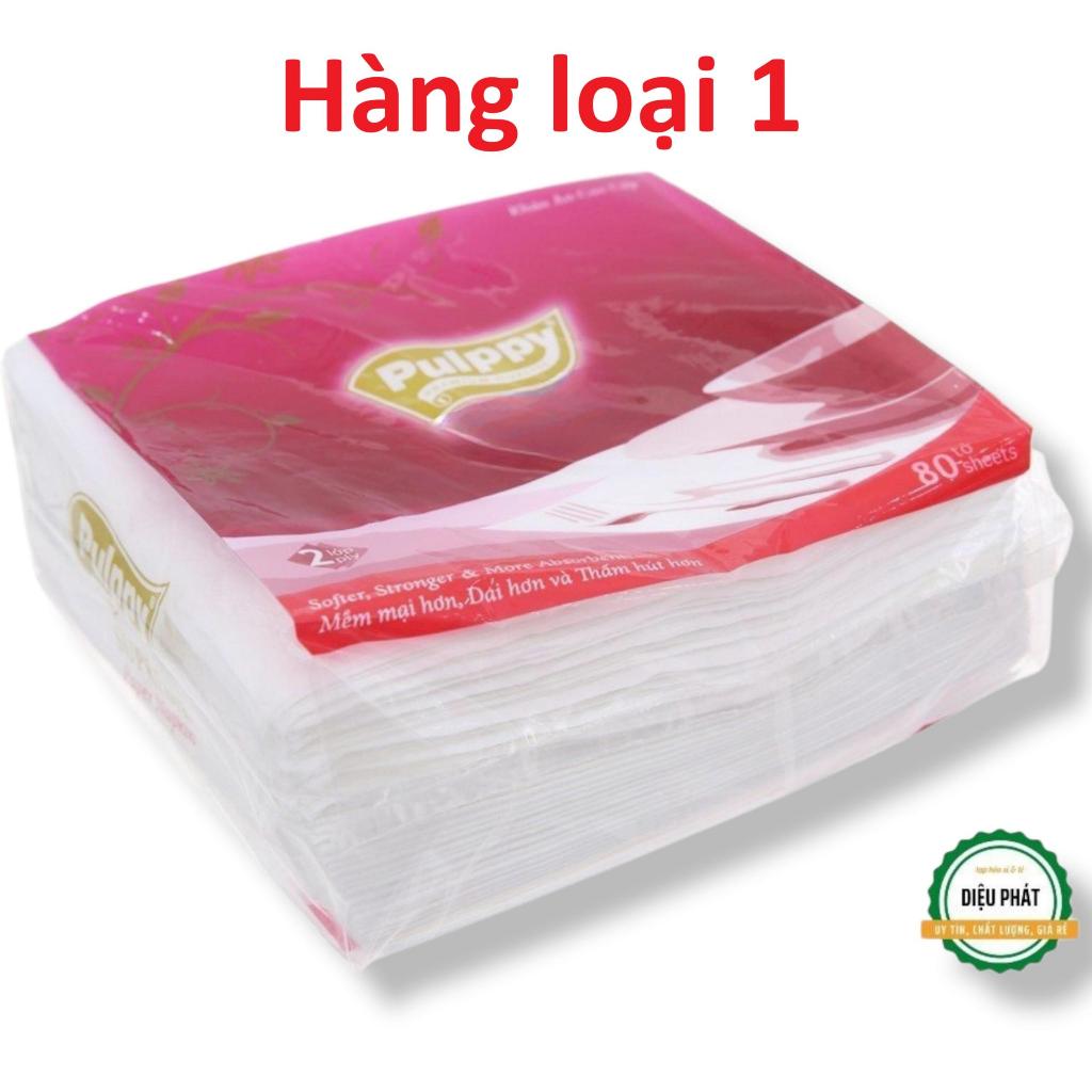 Giấy Vuông, Giấy Xấp Pulppy Đỏ, Khăn Giấy Ăn Pulppy 2 Lớp Gói 80 Tờ