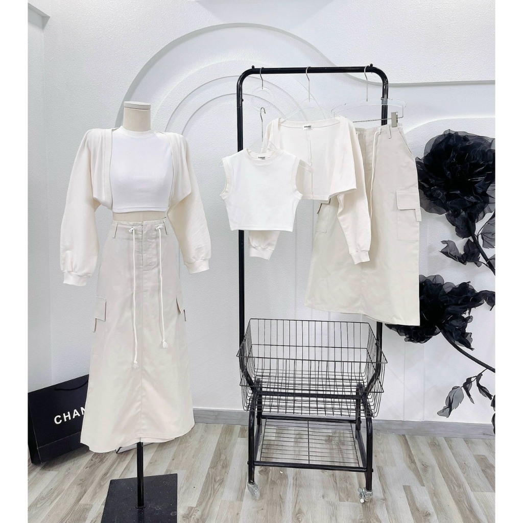 SET 3 MÓN TRẮNG KEM: ÁO BA LỖ SÁT NÁCH + ÁO KHOÁC CÁNH DƠI + CHÂN VÁY MIDI TÚI HỘP SUÔNG