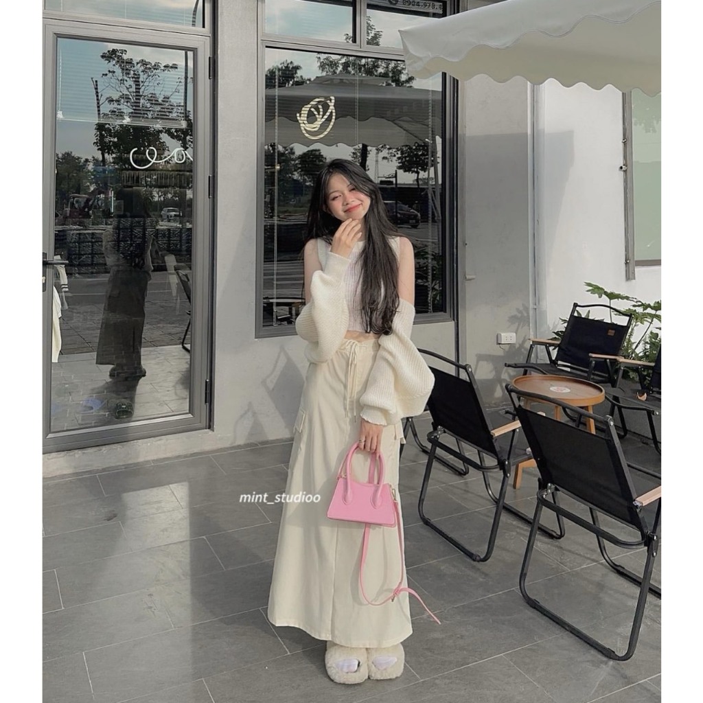 SET 3 MÓN TRẮNG KEM: ÁO BA LỖ SÁT NÁCH + ÁO KHOÁC CÁNH DƠI + CHÂN VÁY MIDI TÚI HỘP SUÔNG