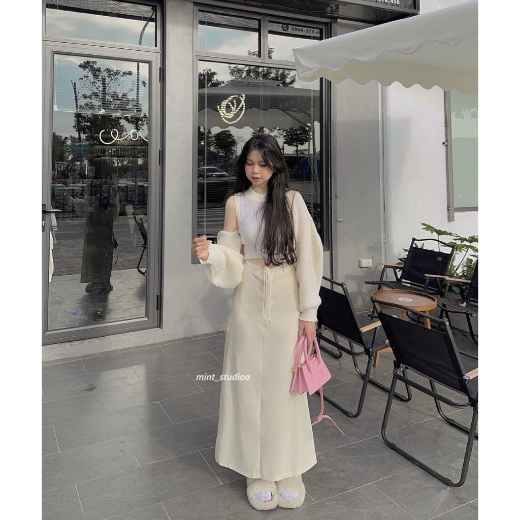 SET 3 MÓN TRẮNG KEM: ÁO BA LỖ SÁT NÁCH + ÁO KHOÁC CÁNH DƠI + CHÂN VÁY MIDI TÚI HỘP SUÔNG