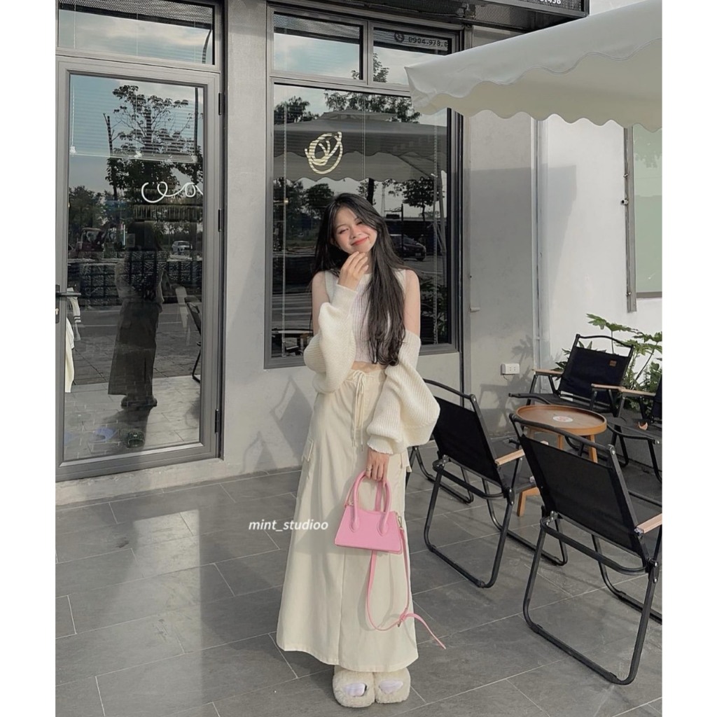 SET 3 MÓN TRẮNG KEM: ÁO BA LỖ SÁT NÁCH + ÁO KHOÁC CÁNH DƠI + CHÂN VÁY MIDI TÚI HỘP SUÔNG