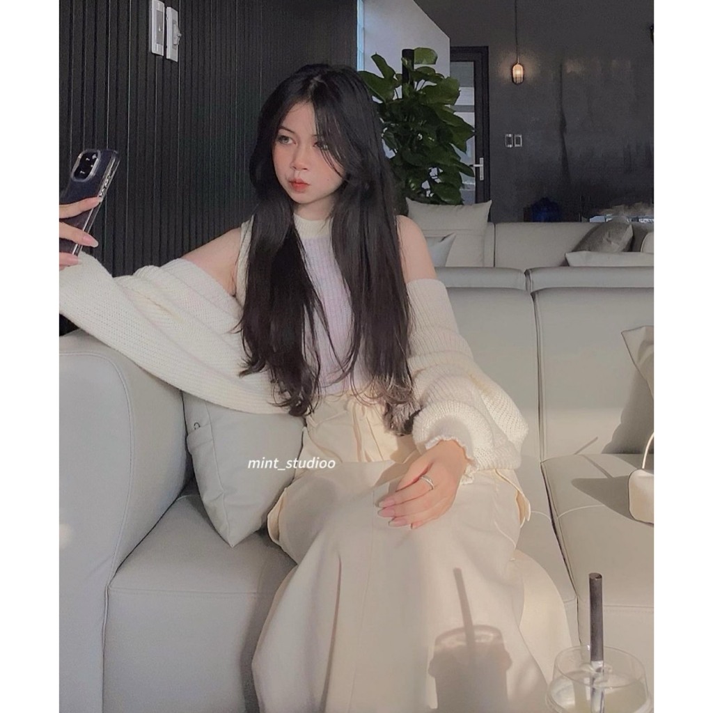 SET 3 MÓN TRẮNG KEM: ÁO BA LỖ SÁT NÁCH + ÁO KHOÁC CÁNH DƠI + CHÂN VÁY MIDI TÚI HỘP SUÔNG