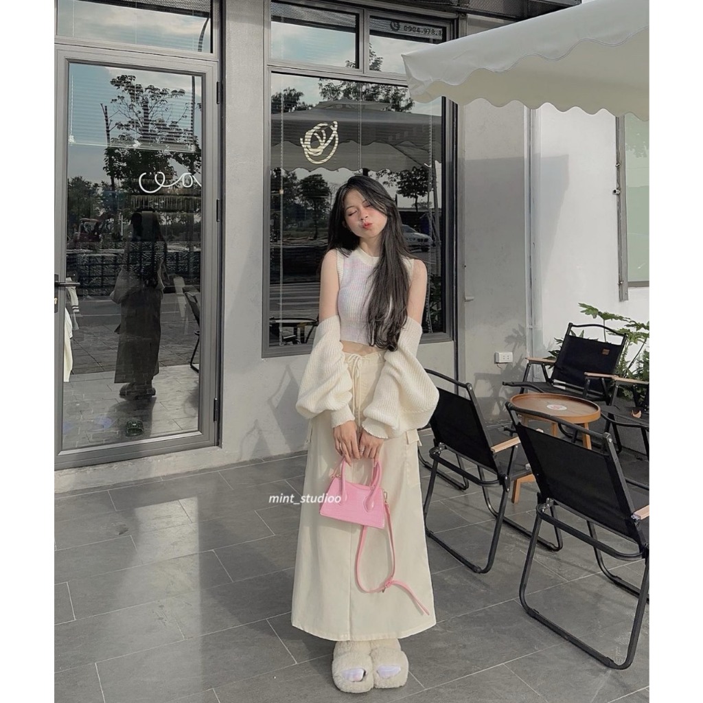 SET 3 MÓN TRẮNG KEM: ÁO BA LỖ SÁT NÁCH + ÁO KHOÁC CÁNH DƠI + CHÂN VÁY MIDI TÚI HỘP SUÔNG