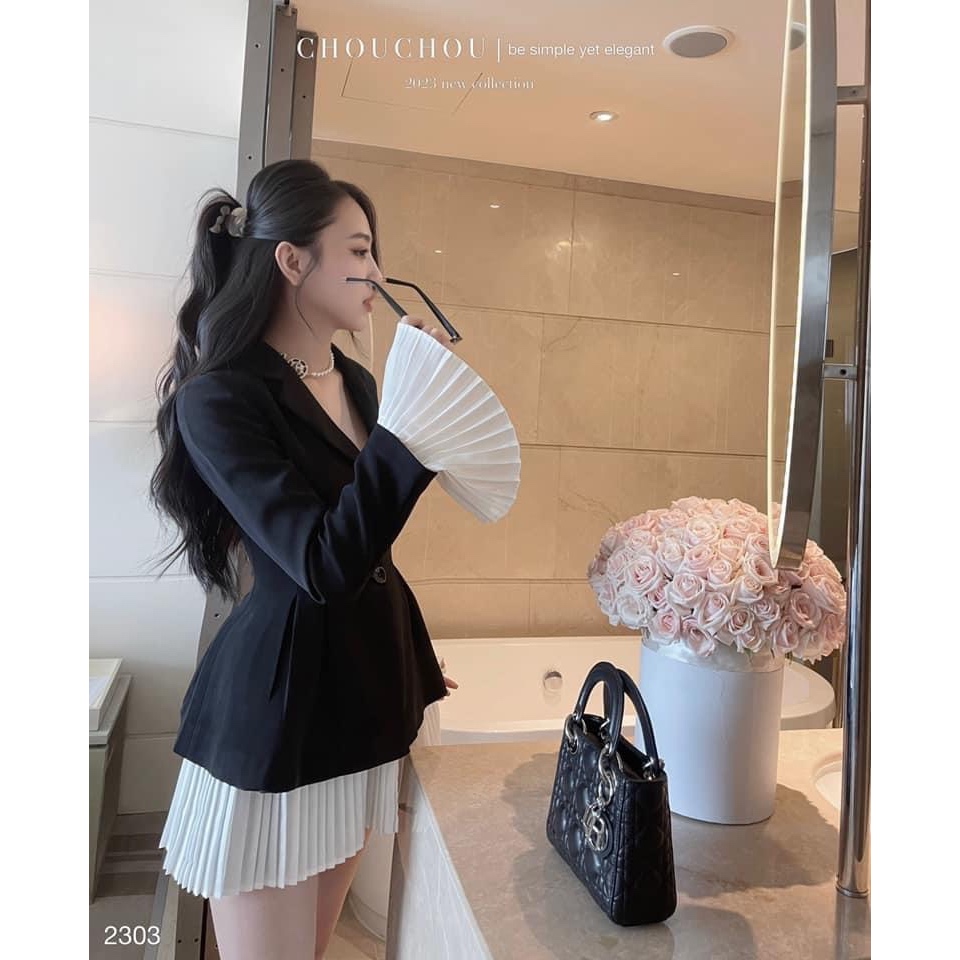 Váy Vest Đen Phối Tay Xếp Ly Trắng Có Mút Vai  Đầm Vest Cổ V Sang Chảnh Form Tôn Dáng