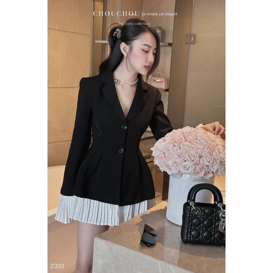 Váy Vest Đen Phối Tay Xếp Ly Trắng Có Mút Vai  Đầm Vest Cổ V Sang Chảnh Form Tôn Dáng