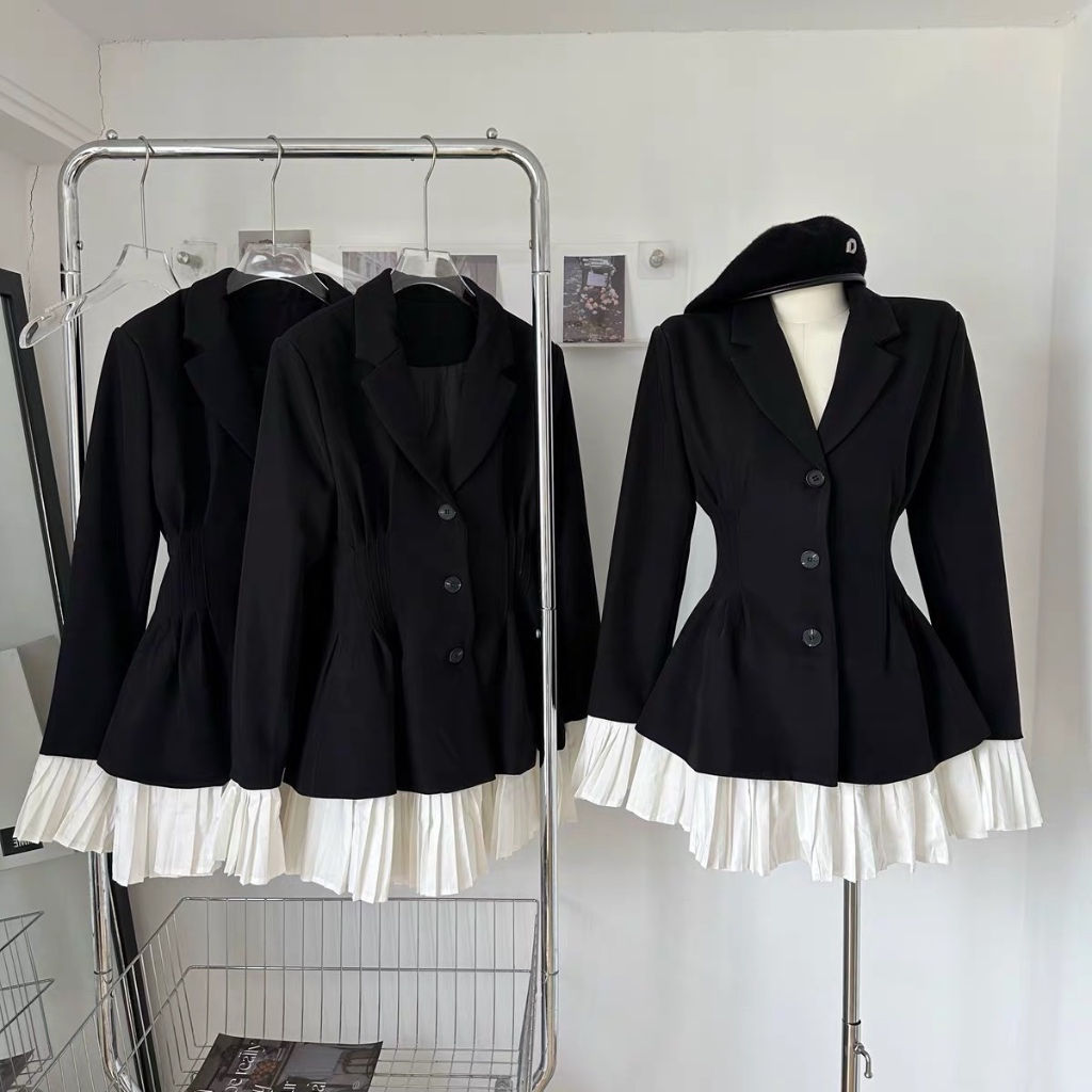 Váy Vest Đen Phối Tay Xếp Ly Trắng Có Mút Vai  Đầm Vest Cổ V Sang Chảnh Form Tôn Dáng