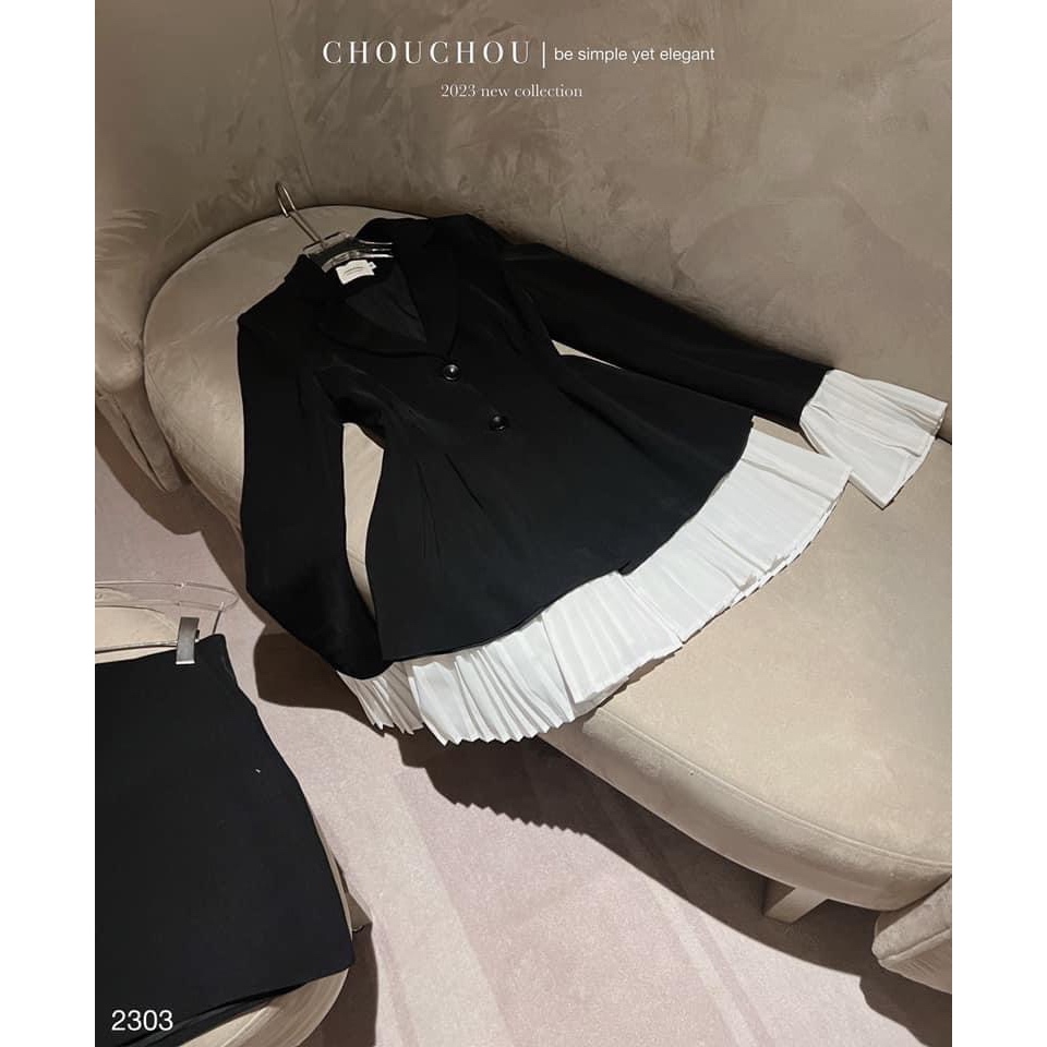 Váy Vest Đen Phối Tay Xếp Ly Trắng Có Mút Vai  Đầm Vest Cổ V Sang Chảnh Form Tôn Dáng