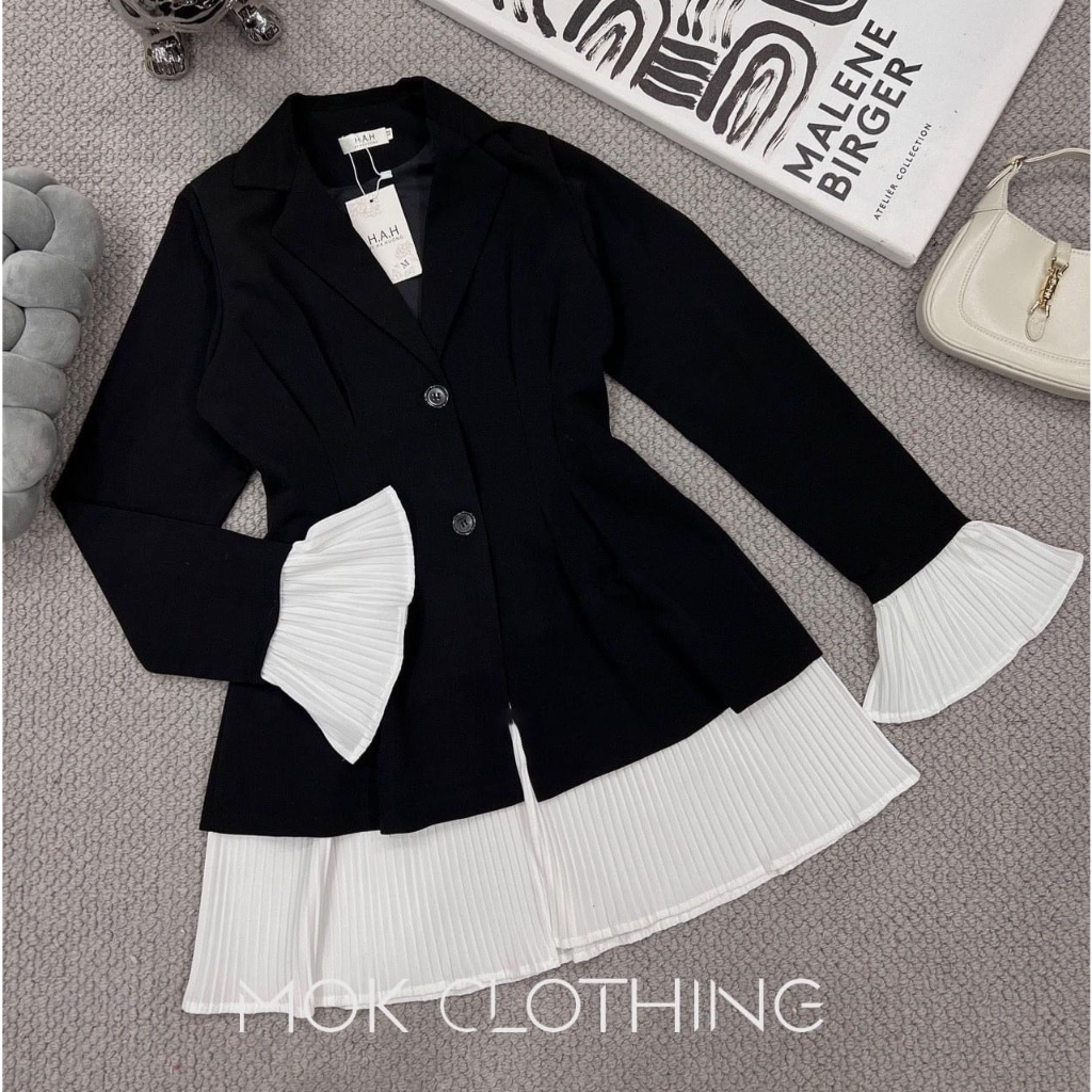 Váy Vest Đen Phối Tay Xếp Ly Trắng Có Mút Vai  Đầm Vest Cổ V Sang Chảnh Form Tôn Dáng