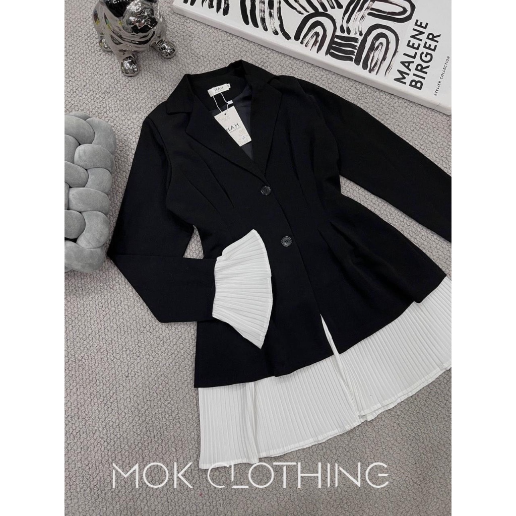 Váy Vest Đen Phối Tay Xếp Ly Trắng Có Mút Vai  Đầm Vest Cổ V Sang Chảnh Form Tôn Dáng