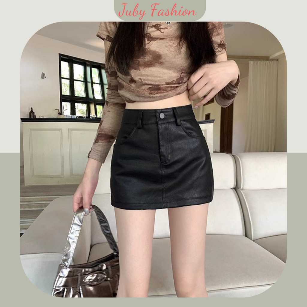 Quần Short Da Nữ , Quần Short Cạp Cao Giả Váy Hàng QCL1