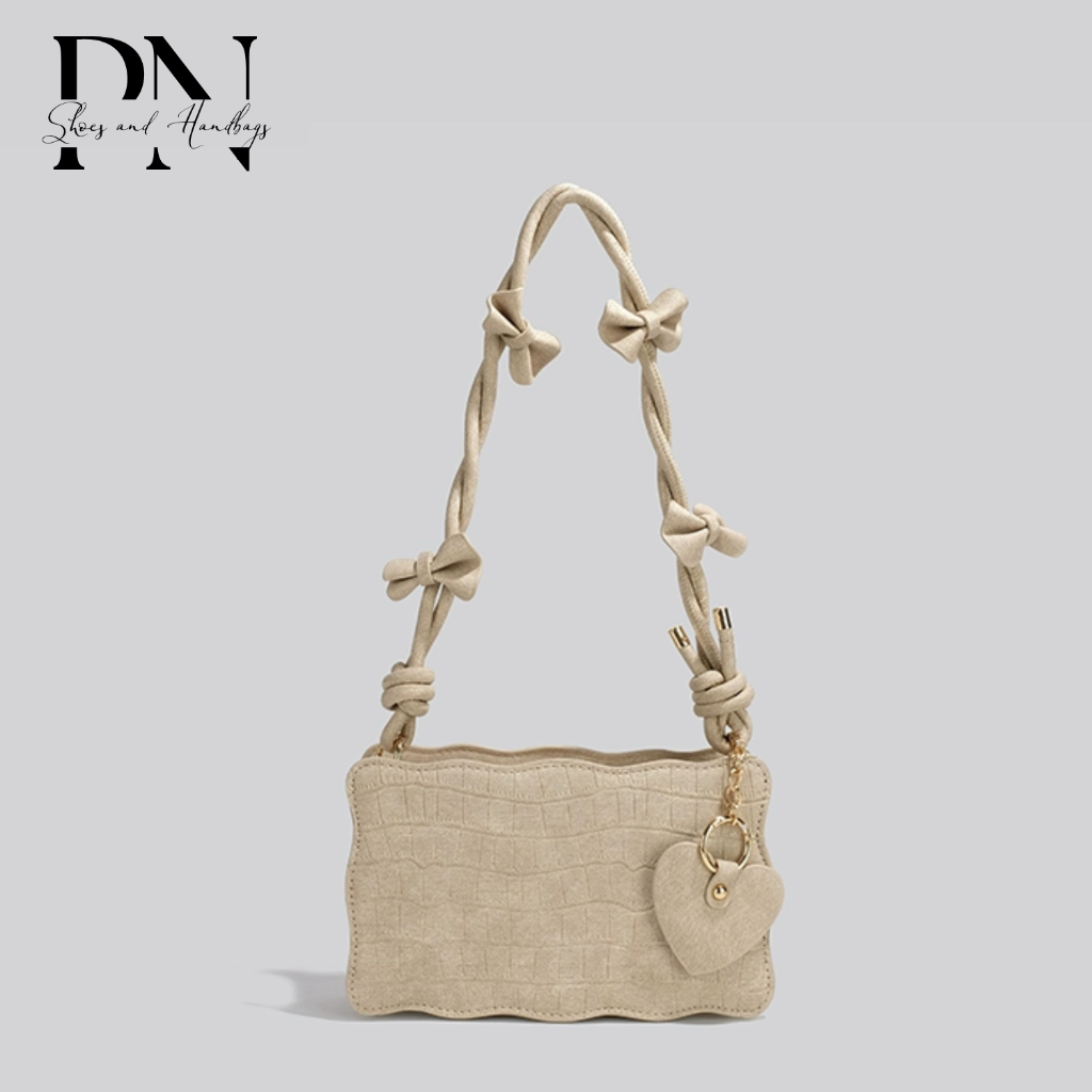 Túi xách nữ Túi đeo vai Thiết kế mới Da lộn trơn Khóa kéo Quai da phối nơ Nữ tính