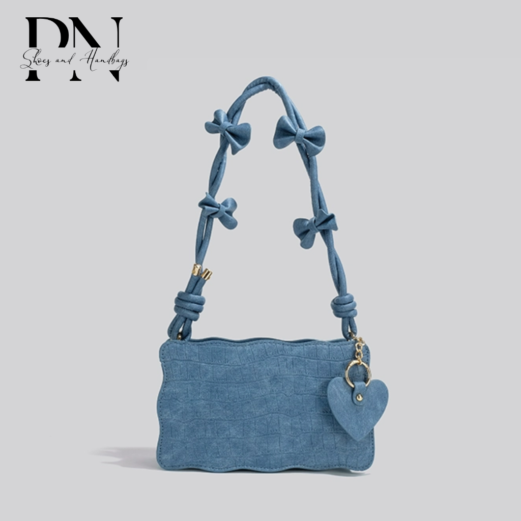 Túi xách nữ Túi đeo vai Thiết kế mới Da lộn trơn Khóa kéo Quai da phối nơ Nữ tính