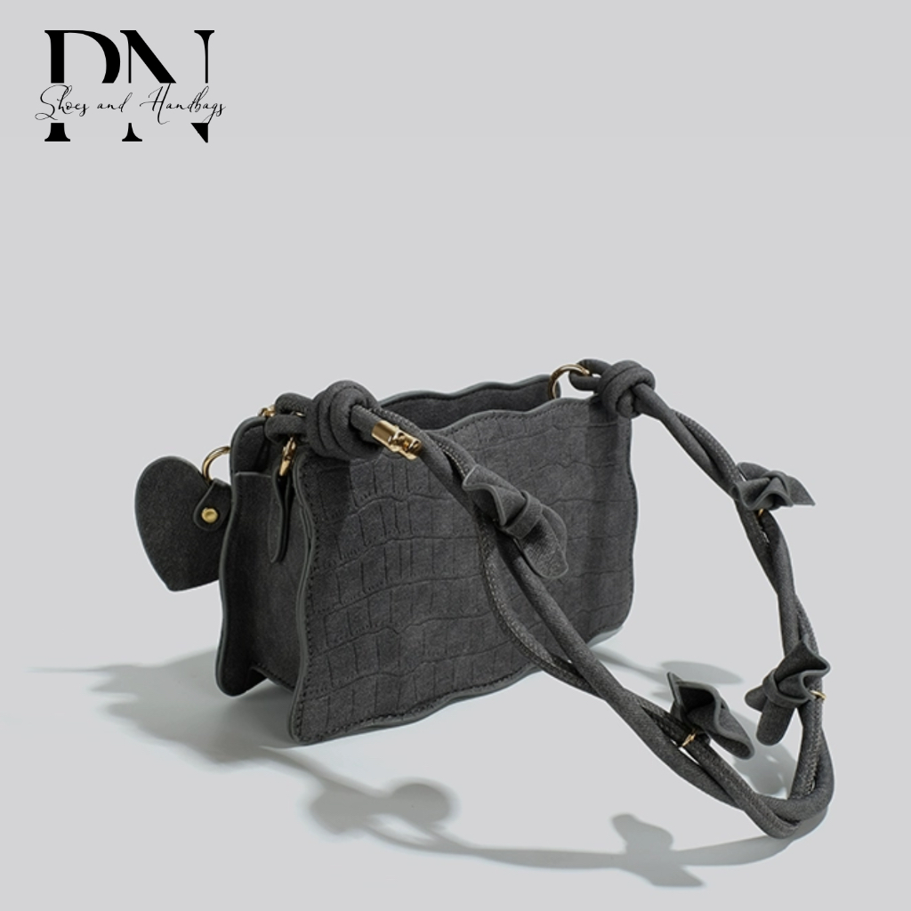 Túi xách nữ Túi đeo vai Thiết kế mới Da lộn trơn Khóa kéo Quai da phối nơ Nữ tính