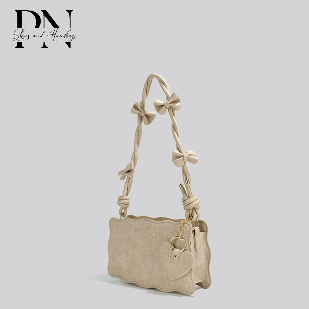 Túi xách nữ Túi đeo vai Thiết kế mới Da lộn trơn Khóa kéo Quai da phối nơ Nữ tính