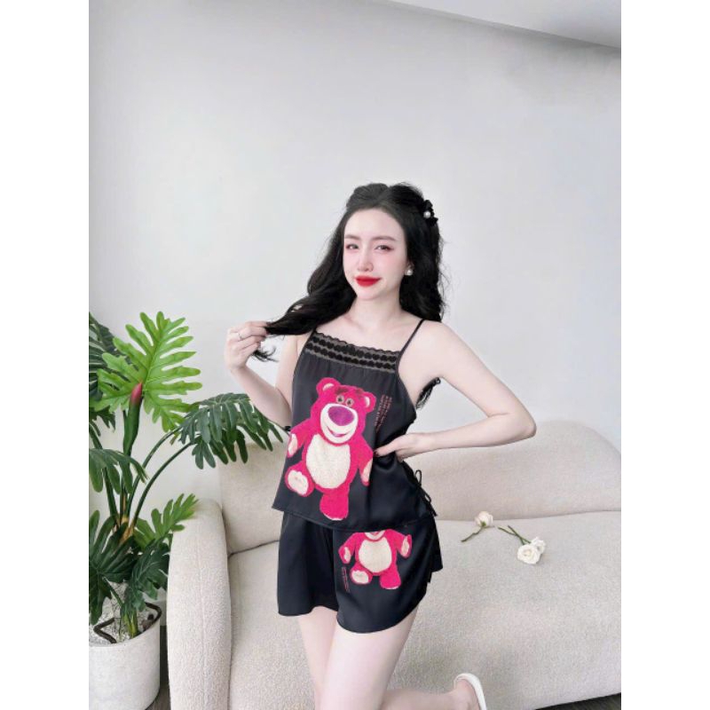 Đồ bộ mặc nhà_ đồ ngủ đùi 2 dây viền ren cột nơ lụa latin size 40_58kg