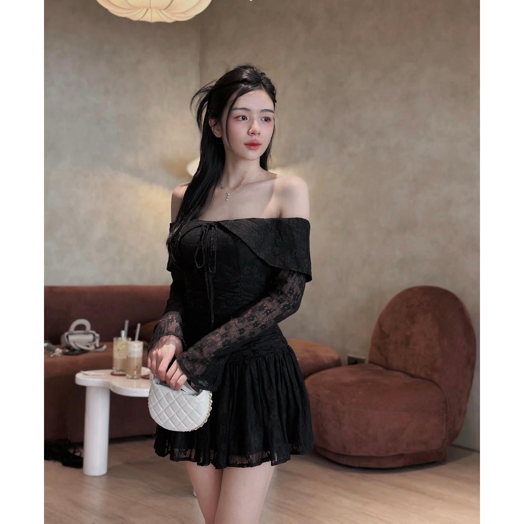 Đầm Váy Ren Trễ Vai Co GIÃN ÍT Tay Loe Nhún Eo UnihomeClothing CQ058