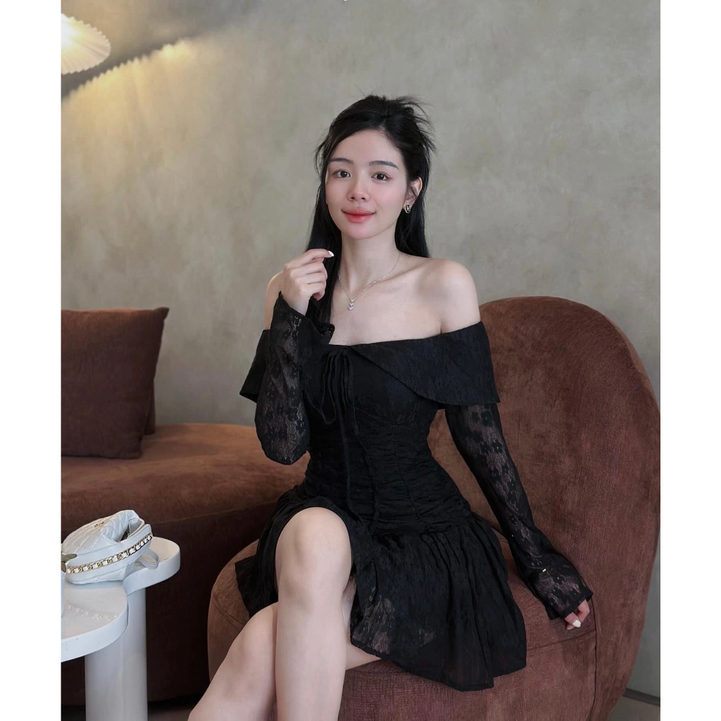 Đầm Váy Ren Trễ Vai Co GIÃN ÍT Tay Loe Nhún Eo UnihomeClothing CQ058