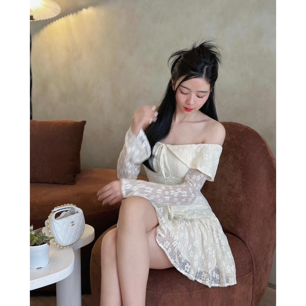 Đầm Váy Ren Trễ Vai Co GIÃN ÍT Tay Loe Nhún Eo UnihomeClothing CQ058