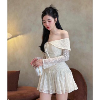 (Có BigSize) Đầm Váy Ren Trễ Vai Co GIÃN ÍT Tay Loe Nhún Eo UnihomeClothing CQ058
