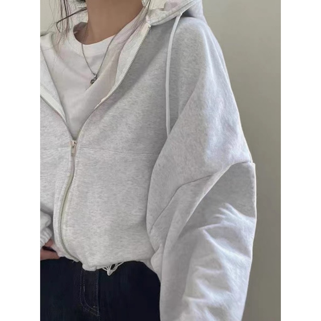 Áo khoác hoodie nỉ croptop dáng rộng rút dây phía dưới là điểm nhấn - N005 -  Áo khoác thu đông nữ hoodie zip tay bồng