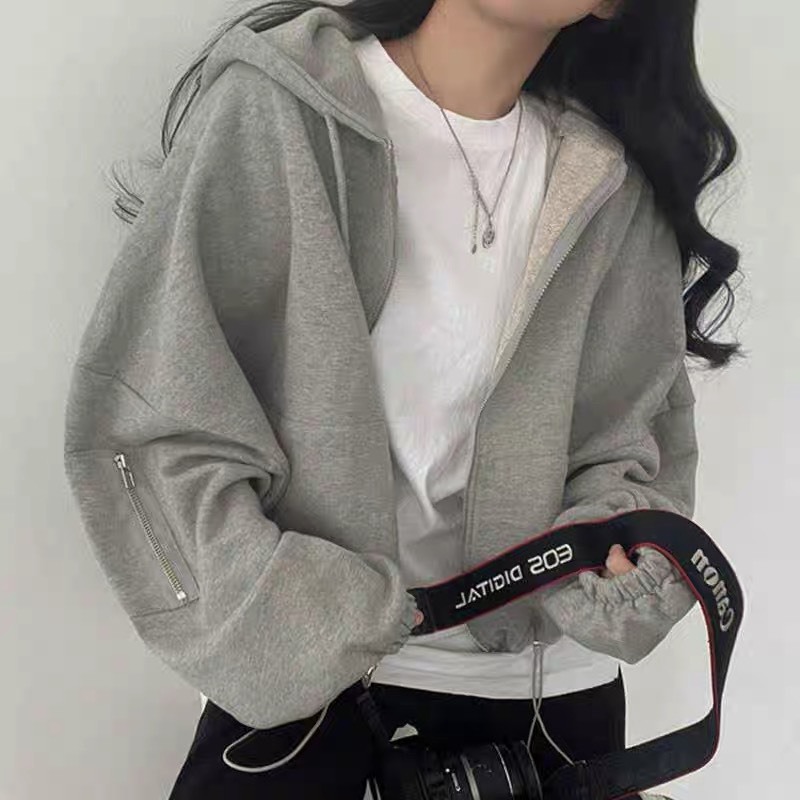 Áo khoác hoodie nỉ croptop dáng rộng rút dây phía dưới là điểm nhấn - N005 -  Áo khoác thu đông nữ hoodie zip tay bồng