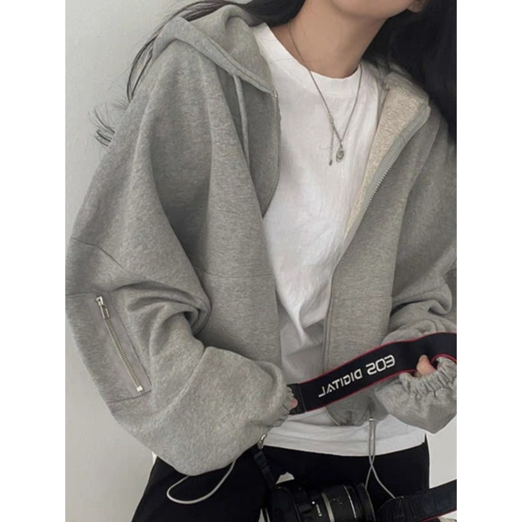 Áo khoác hoodie nỉ croptop dáng rộng rút dây phía dưới là điểm nhấn - N005 -  Áo khoác thu đông nữ hoodie zip tay bồng