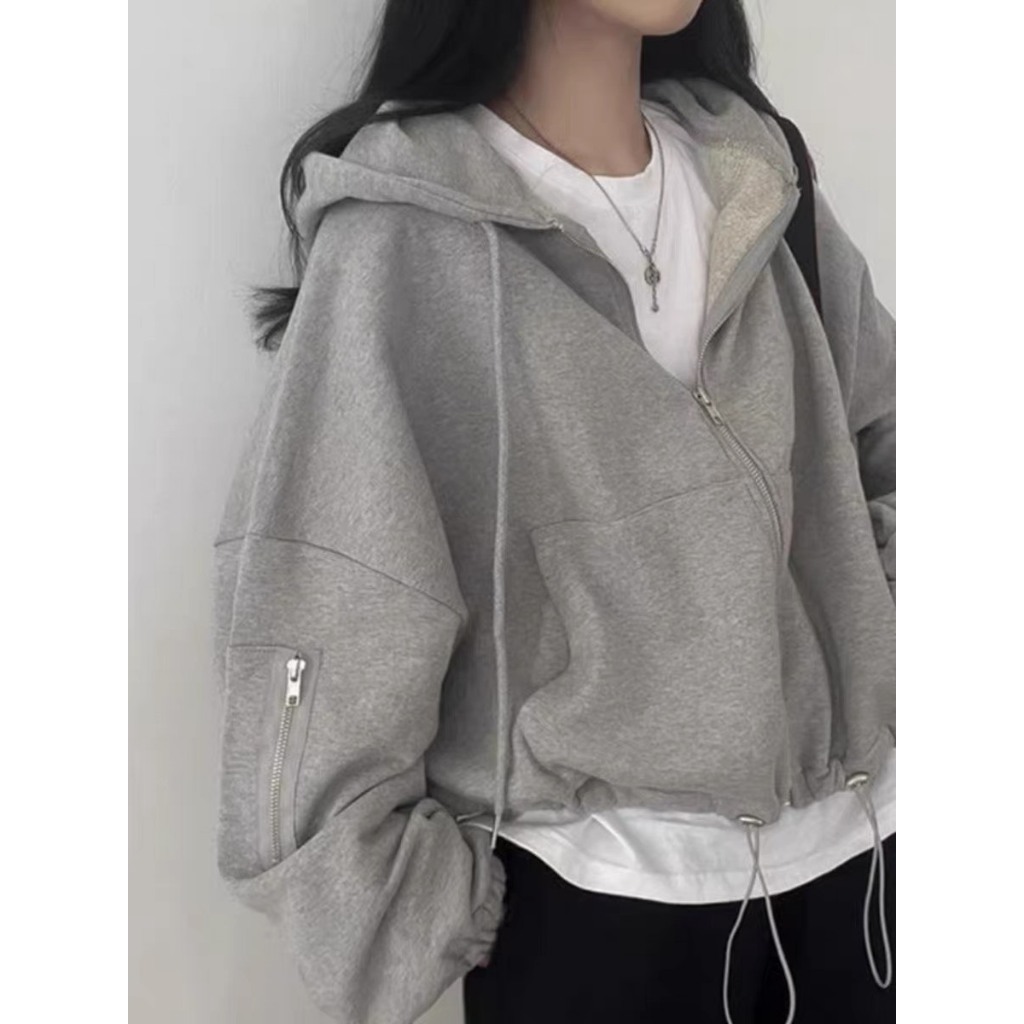 Áo khoác hoodie nỉ croptop dáng rộng rút dây phía dưới là điểm nhấn - N005 -  Áo khoác thu đông nữ hoodie zip tay bồng