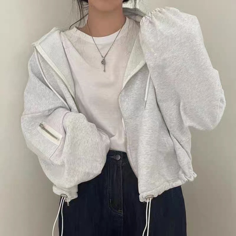 Áo khoác hoodie nỉ croptop dáng rộng rút dây phía dưới là điểm nhấn - N005 -  Áo khoác thu đông nữ hoodie zip tay bồng