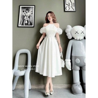 Đầm tapta tiểu thư cổ yếm phối nơ sau tay voan xinh y hình