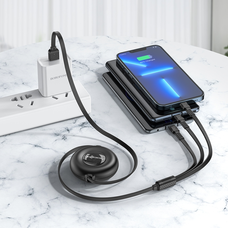 Dây sạc 3 đầu dây rút 3 trong 1 Borofone cáp đa năng dùng cho ios samsung xiaomi