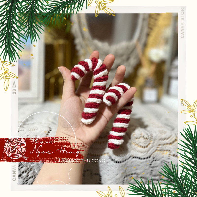 Móc khoá kẹo, gậy noel len, len móc thủ công