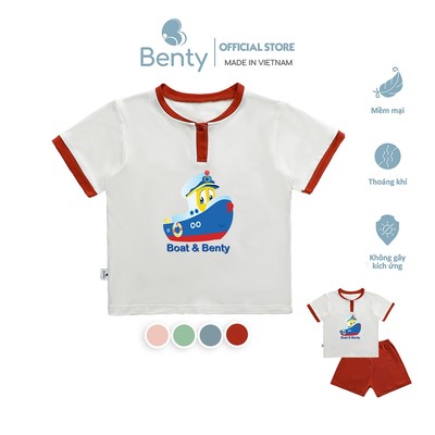 Bộ cộc tay cổ trụ BENTY in hình chiêc thuyền BT037 chất liệu thấm hút mồ hôi, đồ trẻ em cao cấp