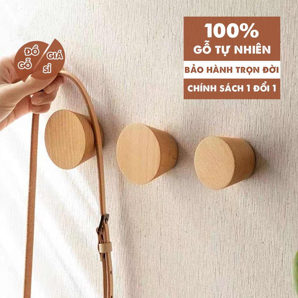 Móc treo tường gỗ cao su 100% DOGOGIASI móc treo túi, quần áo, khăn gỗ decor tường vừa khoan vừa dán tiện lợi